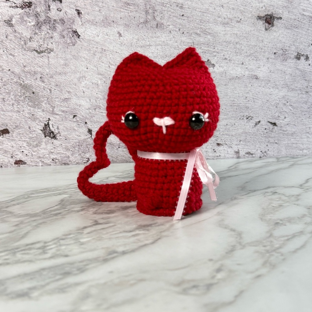 Valentine Kitten with Heart Tail Crochet Handmade Amigurumi